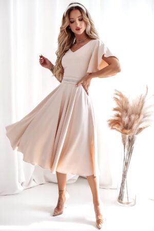 Elegancka sukienka midi rozkloszowana beżowa