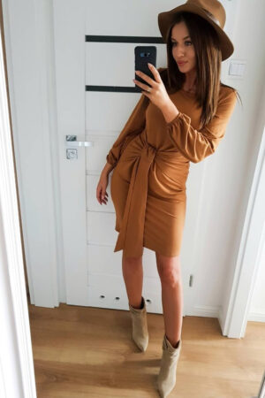 Jenny wygodna sukienka z wiązaniem w pasie - karmelowa - 275-1-2