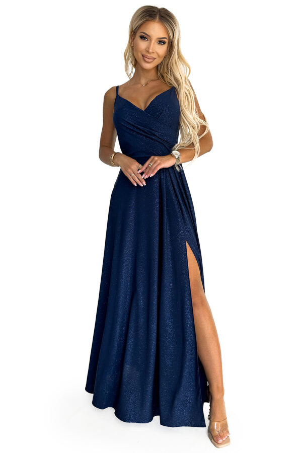 Chiara elegancka maxi długa suknia na ramiączkach - granatowa z brokatem - 299-10-7