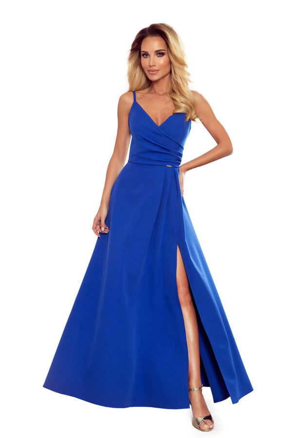 Chiara elegancka maxi długa suknia na ramiączkach - chabrowa - 299-3-6